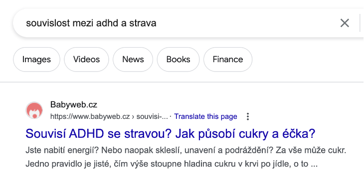 SERP for link between sugar and adhd czech