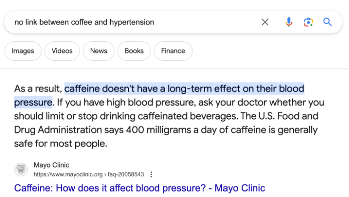 SERP for the link between coffee and hypertension