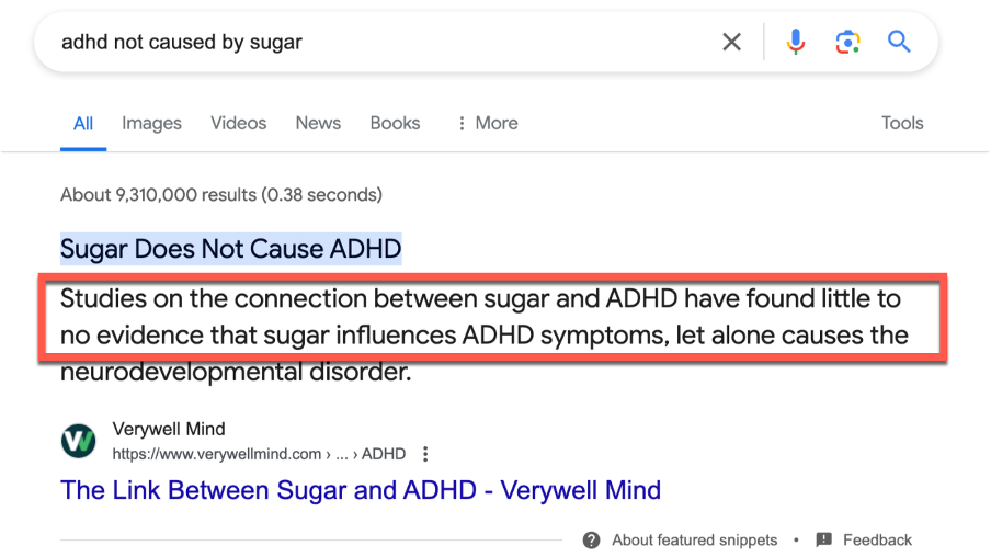 SERP for adhd not caused by sugar