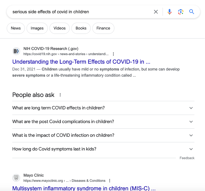SERP for serious side effects of covid in children